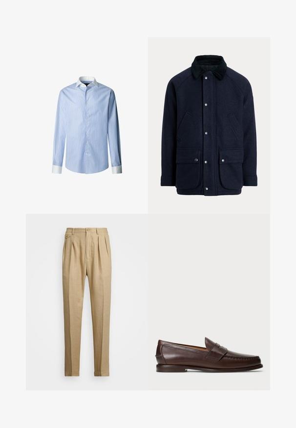 Námořnicky modrý kabát z texturované látky s manžetovým límcem, patentními knoflíky a dvěma předními kapsami pro praktičnost.; Světle modrá pruhovaná košile s bílým límcem a manžetami. Obsahuje knoflíkovou přední část a dlouhé rukávy, vyrobena z tkané látky.; Béžové lněné kalhoty rovného střihu, s dvěma předními sklady, zapínáním na knoflík a bočními kapsami. Strukturovaná tkanina s hladkým povrchem.; Tmavě hnědé kožené penny loafer s nízkým podpatkem, prošívanou špičkou a páskovým detailem přes horní část, vystavené na bílém pozadí.