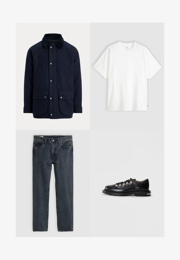 Casaco azul-marinho feito de tecido texturizado com gola de veludo cotelê, botões de pressão e dois bolsos frontais para maior praticidade.; T-shirt branca de manga curta, feita de algodão, com decote redondo. Apresenta um discreto detalhe de logotipo em relevo na frente e uma etiqueta vermelha na bainha.; Jeans de denim azul-escuro com um design de perna reta, cinco bolsos e fecho com botão. O tecido apresenta um desvanecimento sutil e textura.; Sapato baixo de couro preto com sola grossa, ilhós de metal, pingentes prateados decorativos nos atacadores e piso texturizado na sola.