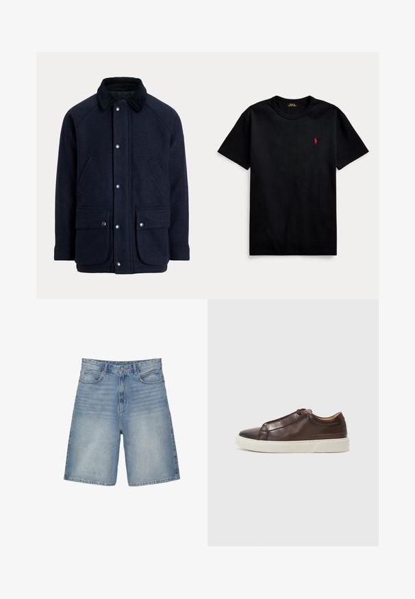 Mornarsko modra preobleka iz teksturirane tkanine s kordurovim ovratnikom, z zategovalnimi gumbi in dvema sprednjima žepoma za praktičnost.; Črna bombažna majica s kratkimi rokavi, okroglo izrezana in z majhnim rdečim vezenim logotipom na levem prsnem delu. Gladka tekstura, sproščen dizajn.; Svetlo modri denim kratki hlače s ravno zasnovo imajo pet žepov, zadrgo in rahlo zbledel videz.; Rjavi usnjeni športni čevlji z zaobljenim nosom, kontrastnim belim gumijastim podplatom, šivanim detajlom in brez vidnih vezalk. Splošno gladka tekstura.