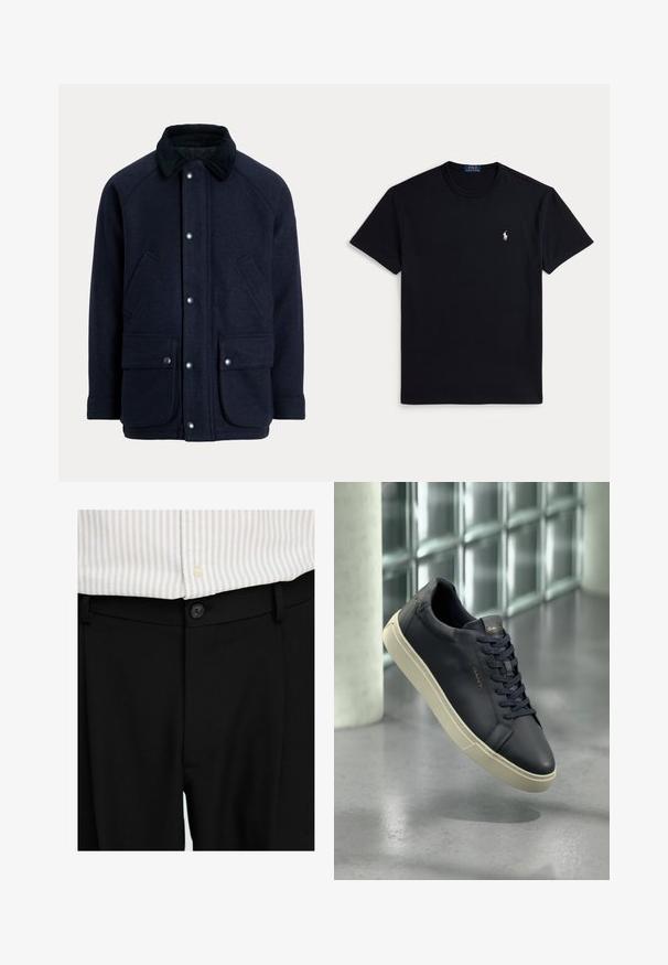 Tumši zils mētelis no teksturētas auduma ar korduroja apkakli, sprādzēm un divām priekšējām kabatām praktiskumam.; Melnā kokvilnas T-krekls ar apaļu kakla izgriezumu, īsām piedurknēm un nelielu izšūtu logotipu kreisajā krūtīs. Gluda tekstūra.; Melnas piegrieztas bikses ar gludu tekstūru, pogu aizdari un jostu cilpām, apvienotas ar svītrainu gaišu kreklu.; Jūras spēku krāsas ādas brīvā laika apavi ar noapaļotu purngalu, plakanu šņoru un teksturētu zoli; uz mēles ir logotips, kas kontrastē ar krēma krāsas zoli.