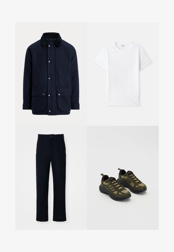 Mornarsko modra preobleka iz teksturirane tkanine s kordurovim ovratnikom, z zategovalnimi gumbi in dvema sprednjima žepoma za praktičnost.; Bela bombažna majica, krojaške ovratnik, kratki rokavi, gladka tekstura, brez vzorcev ali akcentov, preprost dizajn, standardni kroj.; Temno modri hlače iz bombaža, s ravnim krojem, sprednjim gumbom in klasičnim pasom z zankami za pas.; Zelene in črne športne čevlje z teksturirano zgornjimi deli, mrežastimi paneli, trdnimi podplati in vezalnim dizajnom z ojačanimi prsti in peto.