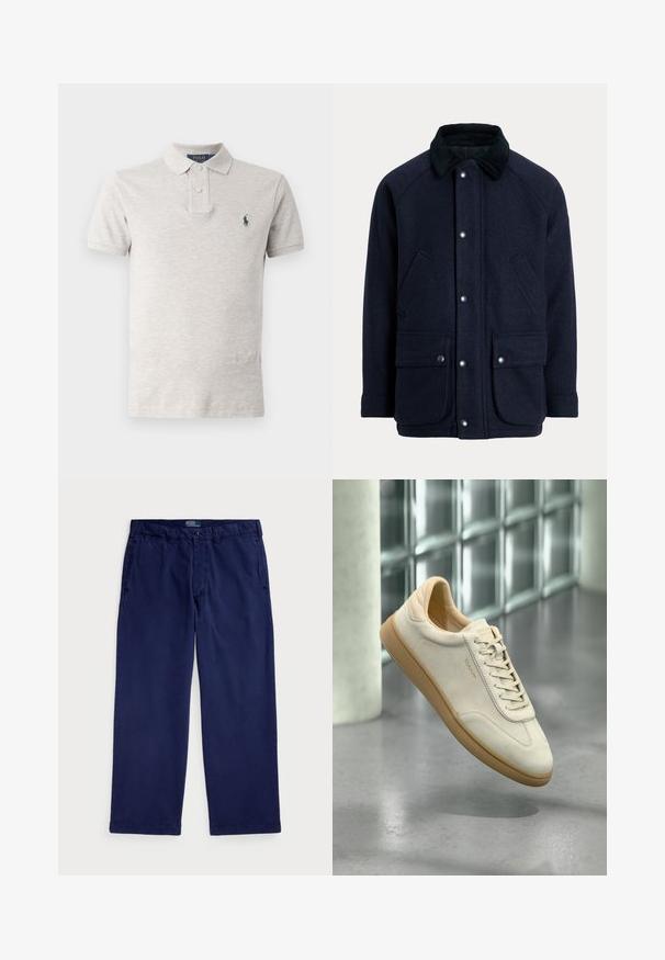 Casaco azul-marinho feito de tecido texturizado com gola de veludo cotelê, botões de pressão e dois bolsos frontais para maior praticidade.; Polo gris-claro feito de algodão, com colarinho clássico, pala de dois botões, mangas curtas e um pequeno logótipo verde no peito.; Chino de algodão azul-marinho com um design de perna reta, apresentando bolsos laterais e um fecho de botão na cintura. Textura suave, ajuste clássico.; Sapatilha de camurça bege com sola texturizada em borracha cor de caramelo. Apresenta atacadores planos, biqueira arredondada e marcação subtil na lateral. Colarinho levemente acolchoado.