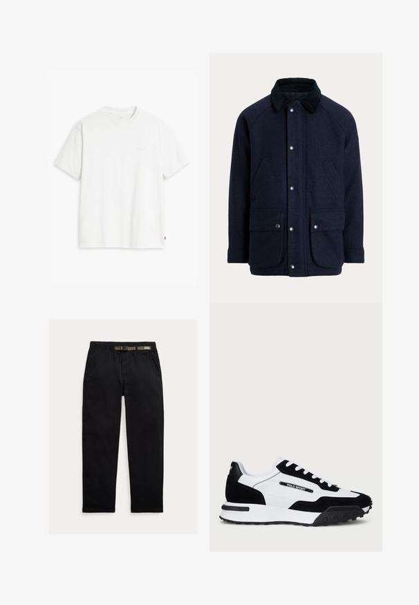 Navy blue coat made of textured fabric with a corduroy collar, snap buttons, and two front pockets for practicality.; White cotton t-shirt with short sleeves, crew neck, and subtle Levi's logo printed in the center. Soft texture and standard fit.; Black pants made of lightweight fabric, featuring an elastic waistband with an integrated green belt, straight-leg cut, and side pockets.; Sneakers with a black suede and white leather upper, featuring a black rubber sole, white laces, and a "POLO SPORT" logo on the side.