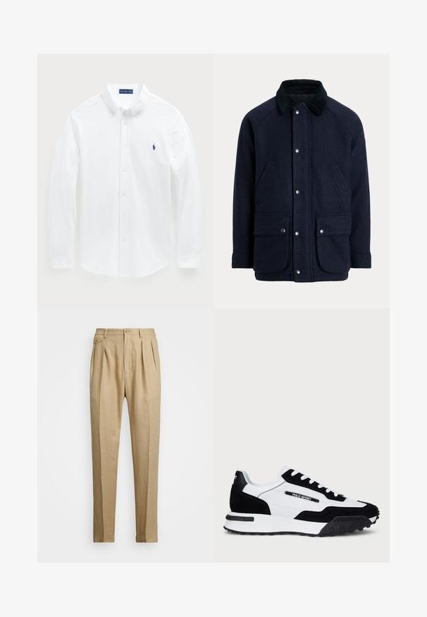 Námořnicky modrý kabát z texturované látky s manžetovým límcem, patentními knoflíky a dvěma předními kapsami pro praktičnost.; Bílá košile s dlouhým rukávem vyrobená z bavlny, s límcem na knoflíky a malým modrým logem polo na hrudi. Hladká textura, klasický střih.; Béžové lněné kalhoty rovného střihu, s dvěma předními sklady, zapínáním na knoflík a bočními kapsami. Strukturovaná tkanina s hladkým povrchem.; Tenisky s černým semišem a bílou koženou svrchní částí, s černou gumovou podrážkou, bílými tkaničkami a logem "POLO SPORT" na boku.