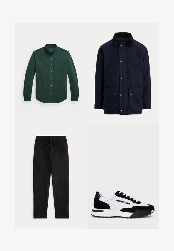 Námořnicky modrý kabát z texturované látky s manžetovým límcem, patentními knoflíky a dvěma předními kapsami pro praktičnost.; Tmavě zelená košile s dlouhým rukávem, propínací, s knoflíkovým límcem a malým vyšitým logem na levé hrudi na bílém pozadí.; Černé volné kalhoty se elastickým pasem, tkaničkou, předním knoflíkem a bočními kapsami, vystavené na jednoduchém pozadí.; Tenisky s černým semišem a bílou koženou svrchní částí, s černou gumovou podrážkou, bílými tkaničkami a logem "POLO SPORT" na boku.