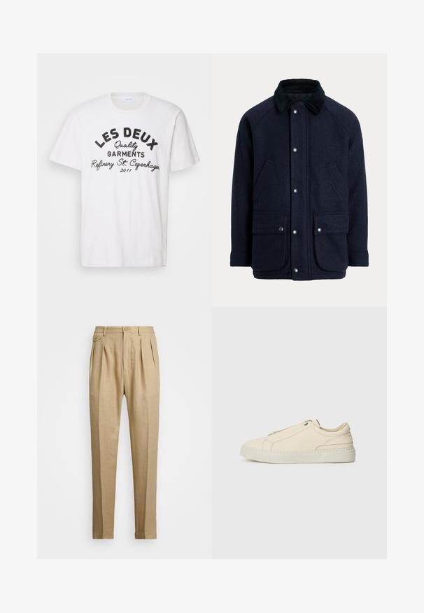 Tumesinine mantel tekstuurse kangaga, millel on tuhmlise kraega, trukkidega ja kaks eesmist taskut praktilisuse tagamiseks.; Les Deux BARRY - Trükipildiga T-särk - light ivory; Bežid linasest püksid sirge lõikega, kahel esisel peenral, nööbiga kinnitamisel ja küljetaskutega. Tekstuuritud kangas sileda viimistlusega.; Beige nahkased kingad ümmarguse varbaga, minimalistlik disain, peened õmbluse detailid ja tekstureeritud pealispind, heledal tallal.