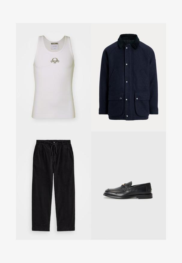 Navy blue coat made of textured fabric with a corduroy collar, snap buttons, and two front pockets for practicality.; White ribbed tank top featuring a gold embroidered logo with decorative accents, round neckline, and sleeveless design.; Black corduroy pants with a relaxed fit, featuring an elastic waistband with a drawstring, and side pockets. Fabric shows ribbed texture.; Black leather loafers feature a rounded toe, stitched detailing, and a small gold accent on the front. The sole is flat and discreet.