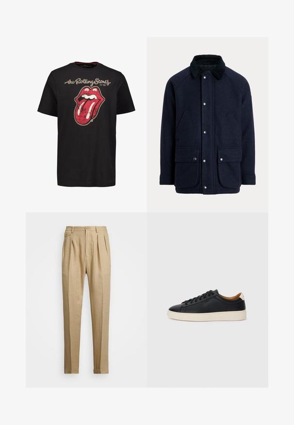 Marineblauwe jas gemaakt van gestructureerde stof met een ribfluwelen kraag, drukknopen en twee voorzakken voor praktische doeleinden.; Zwarte katoenen t-shirt met een grote, verweerde rode tong en mond grafiek, met de tekst "the Rolling Stones" erboven en het oprichtingsjaar eronder.; Beige linnen broek met een rechte snit, voorzien van twee voorplooien, een knoopsluiting en zijzakken. Gestructureerde stof met een gladde afwerking.; Zwarte leren sneakers met een gladde textuur, beige rubberen zool, vetersluiting en een contrasterende hielaccent.