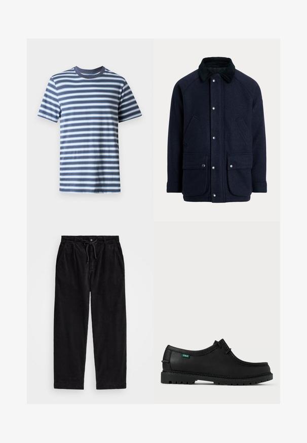 Tumesinine mantel tekstuurse kangaga, millel on tuhmlise kraega, trukkidega ja kaks eesmist taskut praktilisuse tagamiseks.; Püstprindiga t-särk tumesinisest kangast, millel on helesinised ja valged horisontaalsed triibud. Klassikaline ringkaeluse disain, valmistatud pehmest puuvillast.; Mustreeritud mustad korduroypassid, millel on vabalt langev lõige, elastse vöökoha ja nööriga, ning küljetaskud. Kangas on ribakujuline.; Must musta mustelajaga musta nahast king madalal profiilil, ümar varvas ja tekstuuriga põhi. Omab roheline "POLO" silt ja kontrastne tikand ääres.