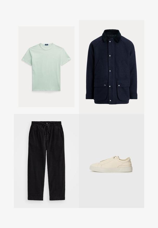 Mornarsko modra preobleka iz teksturirane tkanine s kordurovim ovratnikom, z zategovalnimi gumbi in dvema sprednjima žepoma za praktičnost.; Svetlo zelena bombažna majica s okroglim ovratnikom, kratkimi rokavi in majhnim belim logotipom na prsih. Gladek tekstura in preprost dizajn.; Črne kord pants z udobnim krojem, ki imajo elastičen pas z vrvico in stranske žepke. Tkanina prikazuje rebrasto teksturo.; Bež usnjeni športni copat s zaobljenim nosom, minimalistična zasnova, subtilne šivane podrobnosti in teksturirana zgornja stran, na svetlem podplatu.