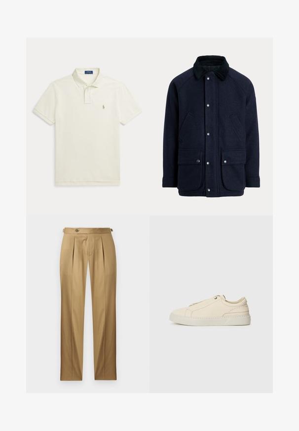 Tmavomodrý kabát z textúrovanej látky s kožúškovým golierom, cvakacími gombíkmi a dvoma prednými vreckami pre praktickosť.; Polo tričko s krátkym rukávom v off-white bavlne, s klasickým golierom, s dvomi gombíkmi a malým vyšitým logom na prsiach.; Béžové nohavice s rovný strihom, s plisami, zapínaním na gombík a pútkami na opasok. Hladká látka s čistým, šitým vzhľadom.; Beige kožené tenisky s okrúhlou špičkou, minimalistickým dizajnom, jemnými švy a textúrovaným povrchom, na svetlej podrážke.