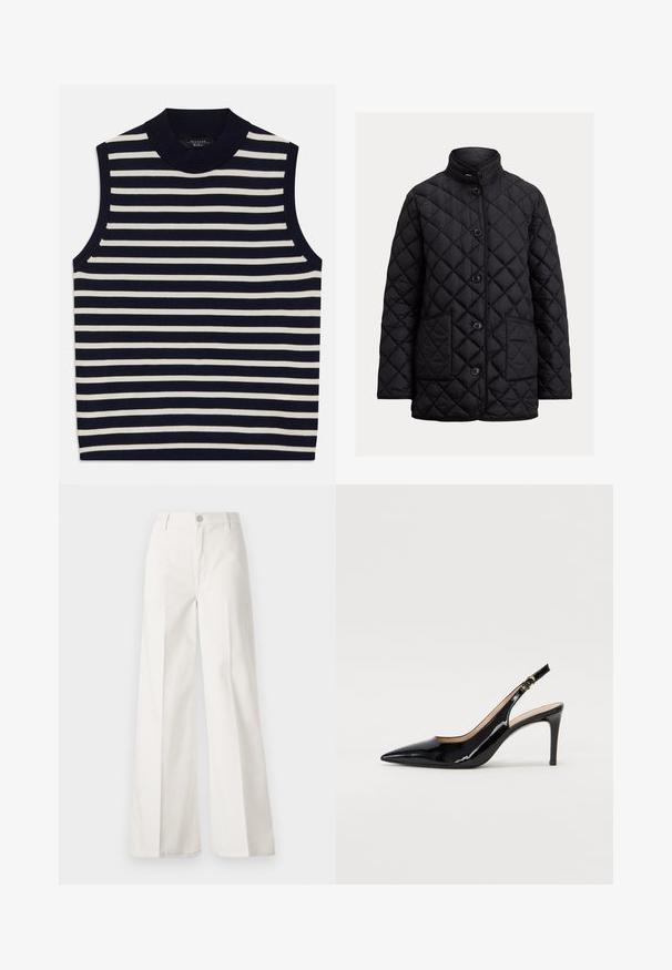 Must mustriga jope kõrge kraega, viie esiknöpiga ja kahe külgtaskuga. Omab teekujulist õmblust, mis lisab tekstuuri.; Varrukateta, vertikaalsete tumesiniste ja kreemjate triipudega top, ribiga ümar kaelus, pehme kootud materjal, puhtad ääred ja kaasaegne disain.; Valged laiade jalgadega püksid, mis on valmistatud siledast puuvillast. Omab esitallist ning lukuga sulgemist ja nelja tasku disaini.; Must hõbedavärvi patendiga slingback kontsakingad terava varbaga, kitsas konts ja peene lõikega disain. Statistika on kuldne pandla rihmal.