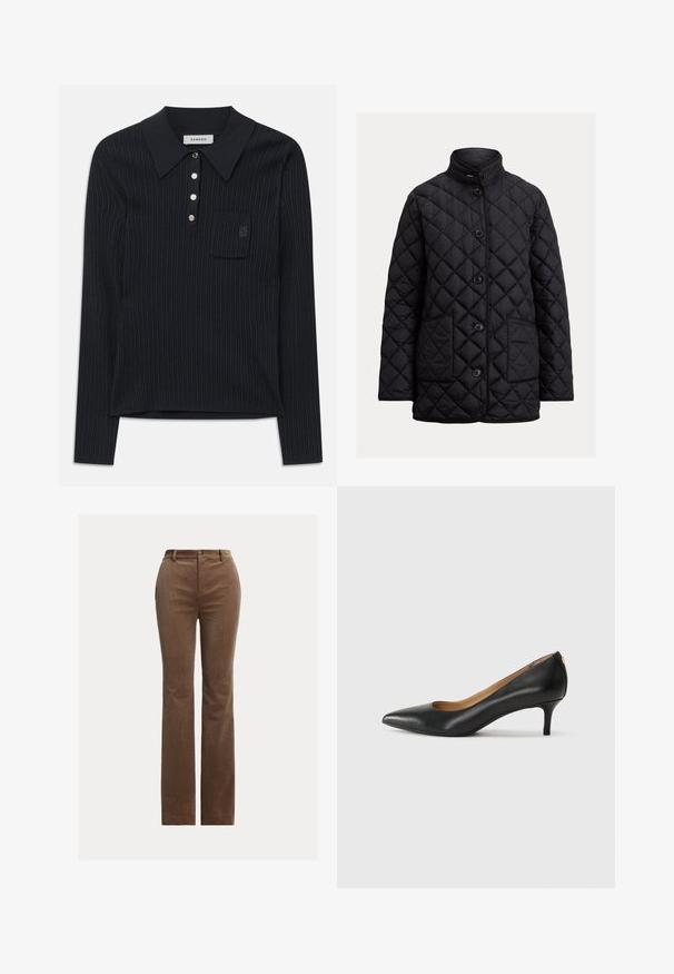 Μαύρο τζάκετ με επένδυση και ψηλό γιακά, πέντε κουμπιά στο μπροστινό μέρος και δύο πλαϊνές τσέπες. Διαθέτει ραφές σε σχήμα διαμαντιού για πρόσθετη υφή.; Μαύρο ριπ πλεκτό πόλο μπλουζάκι με μακριά μανίκια και γιακά, τέσσερα ασημί κουμπιά και μια μικρή τσέπη στο στήθος με υποτονικό κεντημένο λογότυπο.; Καφέ παντελόνι καμπάνα με σχέδιο ευθείας γραμμής, που διαθέτει θηλιές ζώνης, μπροστινές τσέπες και διακριτική κάθετη υφή.; Μαύρο δερμάτινο τακούνι με μυτερή μύτη, χαμηλό τακούνι και λεία υφή. Διαθέτει ελαφρύ άνοιγμα στο μπροστινό μέρος και ελάχιστο υλικό στο πίσω μέρος.