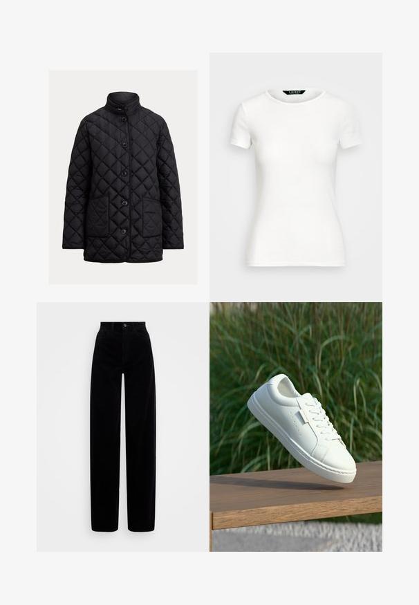 Fekete steppelt dzseki magas gallérral, öt elülső gombbal és két oldalsó zsebbel. Rombusz alakú steppelés jellemzi, ami extra textúrát ad.; Fehér pamut póló rövid ujjakkal, kerek nyakkal, fazonra szabott kialakítással és sima textúrával. Logó címke a nyakkivágásnál.; Fekete kordbársony nadrág magas derékkal, széles lábakkal és egyetlen elülső gombbal. Simább textúra függőleges bordázással.; Fehér bőr sportcipő fűzőkkel lebeg egy fa padról, zöld, magas fű elmosódva a háttérben, kültéren.