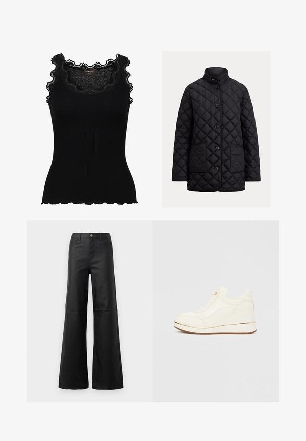 Jachetă neagră matlasată, cu guler înalt, cinci butoane frontale și două buzunare laterale. Prezintă cusături în formă de diamant pentru un plus de textură.; Top de iarnă negru cu cristale la guler și la brațe. Prezintă un design ajustat și margini ondulate pentru un plus de textură.; Jeans negri cu picioare largi, realizate din denim neted, având sistem de închidere cu nasture, buzunare frontale și un design cu talie înaltă.; Adidași albi cu un design texturat, vârf rotund, partea superioară cu șireturi și toc în formă de pană accentuat de o dungi aurii. Talpă din cauciuc.