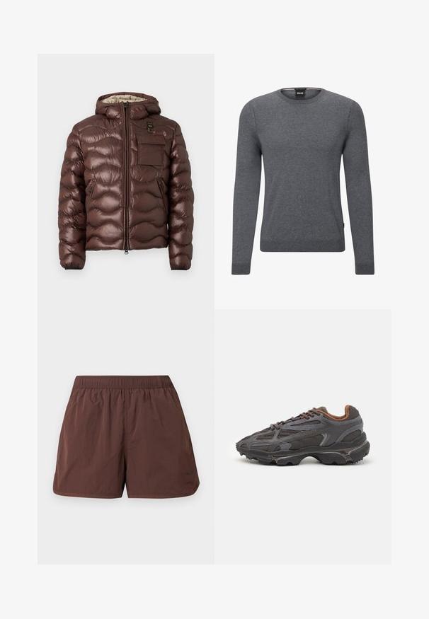 Brown puffer jacket with a hood, quilted design, and a front zipper. Features a chest pocket and side zip pockets with elastic cuffs.; Grey crew-neck sweater made of soft knit fabric. It features long sleeves, ribbed cuffs and hem, and a small logo tag on the side.; Brown lightweight shorts with an elastic waistband and side pockets. Features a smooth, slightly wrinkled texture. No visible patterns or accents.; Lacoste sneakers in dark gray with mesh and synthetic material, featuring a textured sole and brown accents on the collar and branding.