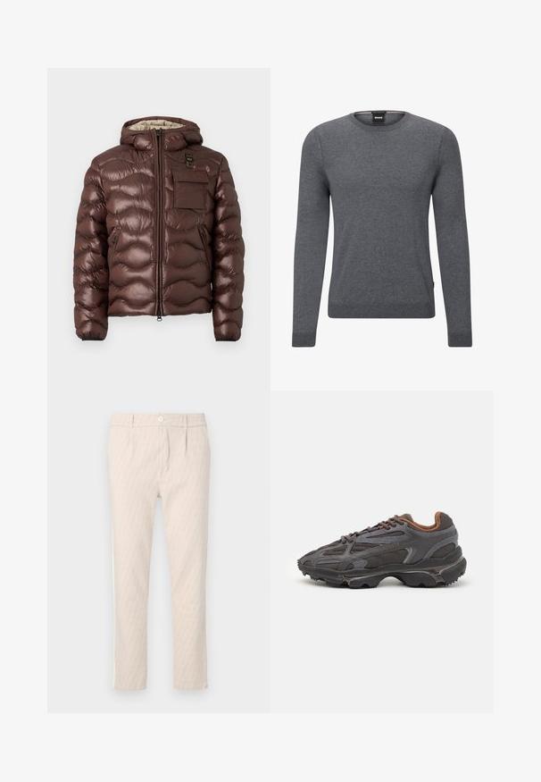 Ruskea puhallettava takki hupulla, tikattu muotoilu ja etuvetoketju. Varustettu rintataskulla ja sivuissa vetoketjutaskuilla, jotka ovat elastiset hihnat.; Harmaa pyöreäkauluksinen villapaita, joka on valmistettu pehmeästä neulekankaasta. Siinä on pitkät hihat, joustavat resorit hihoissa ja helmassa, sekä pieni logotagi sivussa.; Beigen väriset kuviolliset housut, joissa hienovarainen lehtikuvio, hyvin istuvat, nappisuljenta ja sivutaskut. Sileä kangaspinta.; Lacoste-tennar i mörkgrått med nät- och syntetmaterial, med en texturerad sula och bruna accenter på kragen och märket.