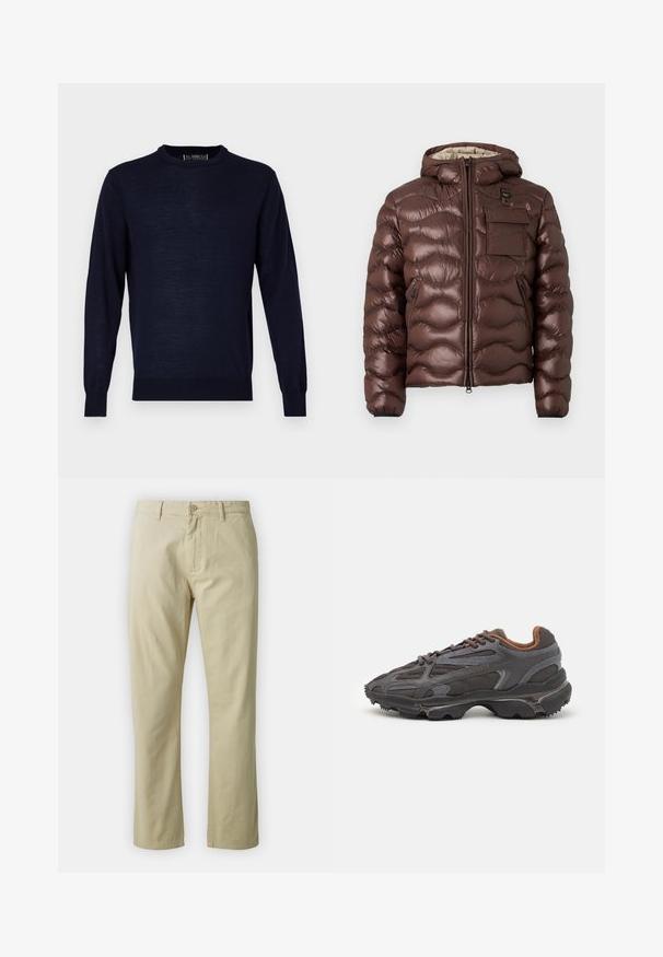 Doudoune brune avec capuche, design matelassé et fermeture éclair à l'avant. Comprend une poche poitrine et des poches latérales zippées avec des poignets élastiques.; Pull-over en laine bleu marine à manches longues fabriqué dans un tissu lisse et léger. Il présente un col rond et des poignets et un ourlet côtelés. Design minimaliste.; Pantalon en coton beige avec une coupe droite, fermeture à bouton sur le devant et passants de ceinture. Texture lisse, sans motifs ou accents visibles.; Baskets Lacoste en gris foncé, en matériau mesh et synthétique, avec une semelle texturée et des accents marron sur le col et le branding.