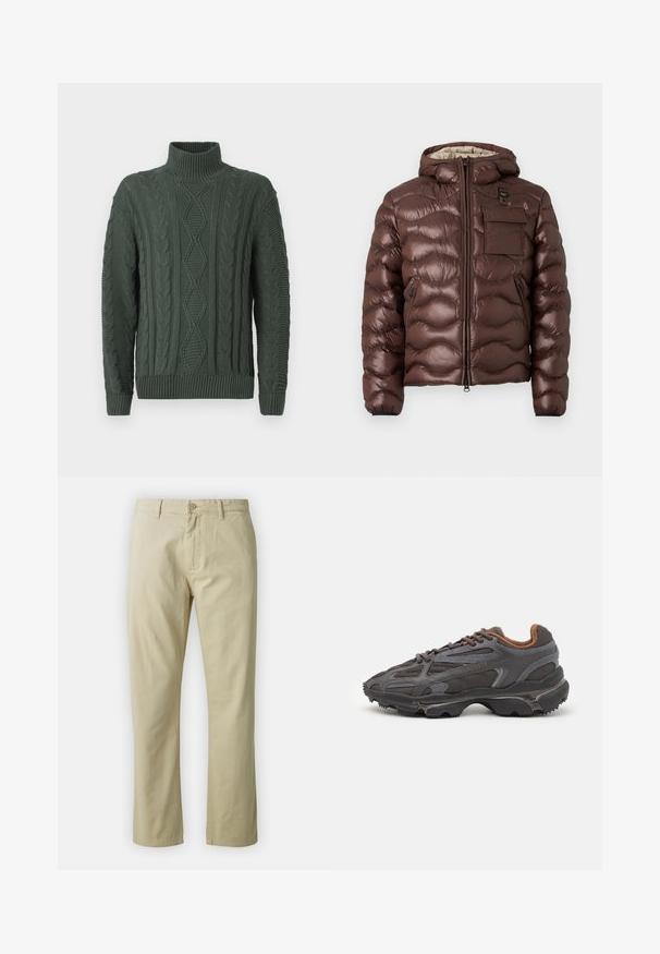 Rjava puhasta jakna s kapuco, prešita zasnova in sprednji zadrgo. Ima žep na prsih in stranske žepe z zadrgo ter elastične manšete.; Temnozeleni pulover s kabelskim pletenjem in visokim ovratnikom, okrašen z diamanti in pletenicami, z rebrastimi manšetami in robom.; Bež bombažne hlače s ravnim krojem, sprednjim gumbom in zankami za pas. Gladka tekstura, brez vidnih vzorcev ali akcentov.; Lacoste teniske v temno sivi barvi z mrežasto in sintetično prevleko, s teksturiranim podplatom in rjavimi detajli na ovratniku ter blagovni znamki.