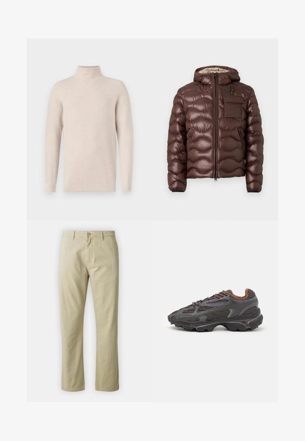 Brown puffer jacket with a hood, quilted design, and a front zipper. Features a chest pocket and side zip pockets with elastic cuffs.; Light beige ribbed knit turtleneck sweater with long sleeves and a slightly loose fit, displayed on a white background.; Beige cotton trousers with a straight-leg design, front button closure, and belt loops. Smooth texture, no visible patterns or accents.; Lacoste sneakers in dark gray with mesh and synthetic material, featuring a textured sole and brown accents on the collar and branding.