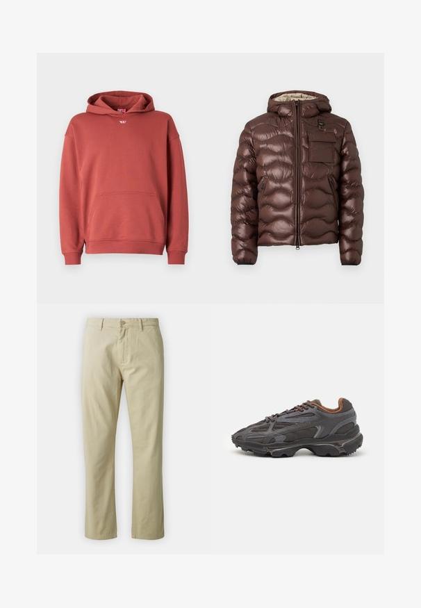 Brun pufferjakke med hette, quiltet design og glidelås foran. Har en brystlomme og sidetommer med glidelås samt elastiske mansjetter.; Rød bomullshoodie med kengurulomme, ribbestrikkede mansjetter og nederkant. Har en liten logo på brystet og snøring i hetten.; Beige bomullsbukser med rett ben-design, frontlukking med knapp og beltehemper. Jevn tekstur, ingen synlige mønstre eller detaljer.; Lacoste-sneakers i mørkegrått med mesh- og syntetisk materiale, med en teksturert såle og brune detaljer på kragen og merket.
