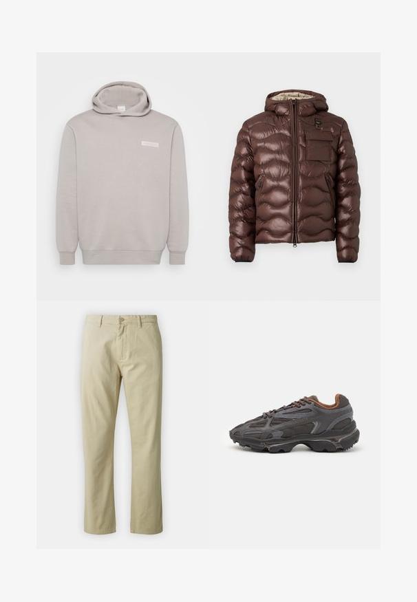 Giacca a vento marrone con cappuccio, design trapuntato e zip frontale. Presenta una tasca sul petto e tasche laterali con zip, oltre a polsini elasticizzati.; Felpa grigia chiara realizzata in morbido tessuto misto cotone. Presenta una tasca frontale, polsini a costine e un piccolo logo sul petto. Design semplice.; Pantaloni in cotone beige dal design a gamba dritta, con chiusura frontale a bottone e passanti per cintura. Tessuto liscio, senza motivi o dettagli visibili.; Sneaker Lacoste grigie scure in materiale mesh e sintetico, con suola testurizzata e dettagli marroni sul colletto e sul branding.