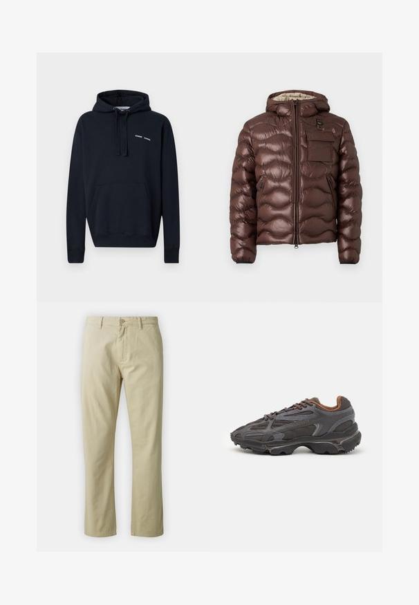 Bruine pufferjas met een capuchon, gestikt ontwerp en een rits aan de voorkant. Bevat een borstzak en zijzakken met rits, met elastische mouwen.; Navyblauwe hoodie van katoen, met een voorste kangoeroezak, verstelbare trekkoorden en een minimaal logo op de borst.; Beige katoenen broek met een recht ontwerp, knoopsluiting aan de voorkant en riemlussen. Gladde textuur, geen zichtbare patronen of accenten.; Lacoste sneakers in donkergrijs van mesh en synthetisch materiaal, met een gestructureerde zool en bruine accenten op de kraag en branding.