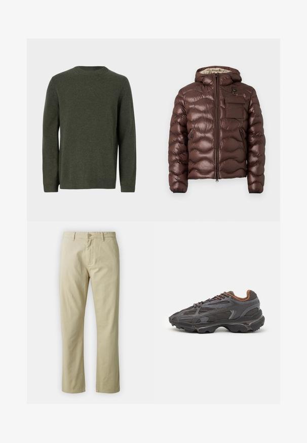 Brown puffer jacket with a hood, quilted design, and a front zipper. Features a chest pocket and side zip pockets with elastic cuffs.; Dark green knit sweater with a crew neckline, long sleeves, and ribbed cuffs and hem. Smooth texture with a solid pattern throughout.; Beige cotton trousers with a straight-leg design, front button closure, and belt loops. Smooth texture, no visible patterns or accents.; Lacoste sneakers in dark gray with mesh and synthetic material, featuring a textured sole and brown accents on the collar and branding.