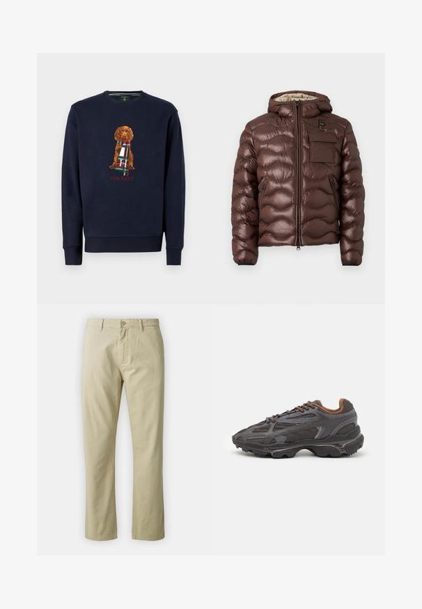 Brūna pūkaina jaka ar kapuci, ar kvadrātveida dizainu un priekšējo rāvējslēdzēju. Iekļauj krūšu kabatu un sānu kabatas ar rāvējslēdzējiem, kā arī elastīgām aprocēm.; Jūras spēku brīvformāta džemperis ar garām piedurknēm, kurā ir attēlots brūns suns, kurš tur plānu šalli; zem dizaina sarkans uzraksts "Hackett". Mīksts kokvilnas materiāls.; Beidzīgo kokvilnas bikses ar taisnu kāju piegriezumu, priekšējo pogu aizdari un jostas cilpām. Gluda tekstūra, nav redzamu rakstu vai akcentu.; Lacoste kedas tumši pelēkā krāsā ar acu audumu un sintētisko materiālu, ar teksturētu zoli un brūniem akcentiem apkaklītē un zīmola uzrakstā.