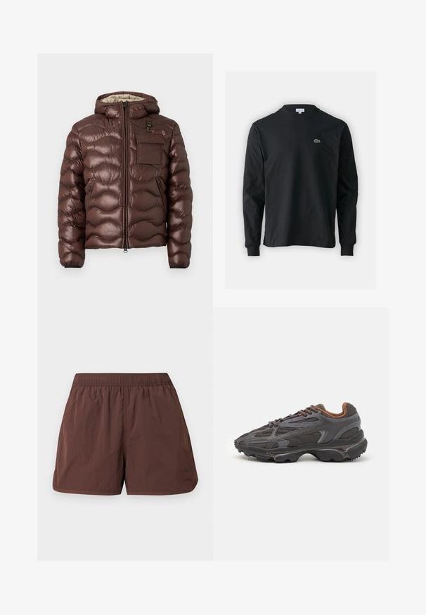 Brown puffer jacket with a hood, quilted design, and a front zipper. Features a chest pocket and side zip pockets with elastic cuffs.; Black long-sleeve t-shirt made of cotton, featuring a round neckline and a small green embroidered crocodile logo on the left chest.; Brown lightweight shorts with an elastic waistband and side pockets. Features a smooth, slightly wrinkled texture. No visible patterns or accents.; Lacoste sneakers in dark gray with mesh and synthetic material, featuring a textured sole and brown accents on the collar and branding.