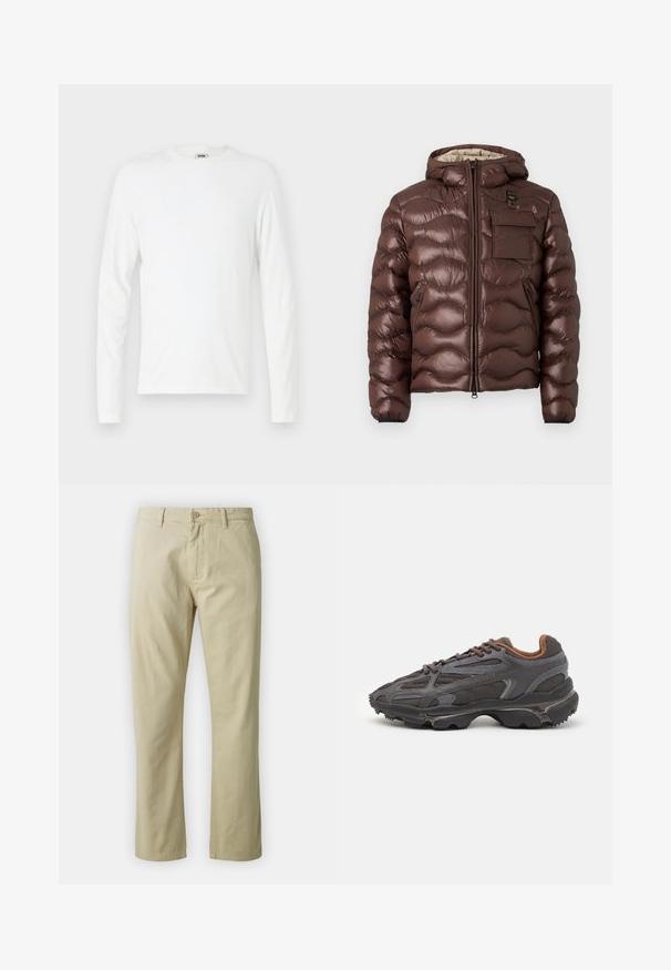 Brown puffer jacket with a hood, quilted design, and a front zipper. Features a chest pocket and side zip pockets with elastic cuffs.; Long-sleeve white t-shirt made from soft cotton, featuring a crew neckline and a relaxed fit with no visible patterns or accents.; Beige cotton trousers with a straight-leg design, front button closure, and belt loops. Smooth texture, no visible patterns or accents.; Lacoste sneakers in dark gray with mesh and synthetic material, featuring a textured sole and brown accents on the collar and branding.