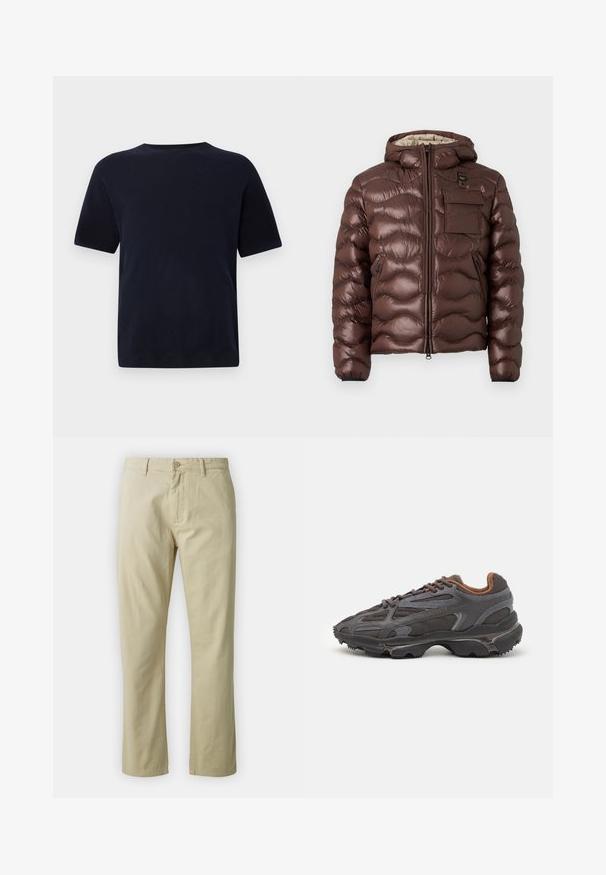Brown puffer jacket with a hood, quilted design, and a front zipper. Features a chest pocket and side zip pockets with elastic cuffs.; Navy blue cotton t-shirt with a crew neck, short sleeves, and a straight cut. Smooth texture, no visible patterns or accents.; Beige cotton trousers with a straight-leg design, front button closure, and belt loops. Smooth texture, no visible patterns or accents.; Lacoste sneakers in dark gray with mesh and synthetic material, featuring a textured sole and brown accents on the collar and branding.
