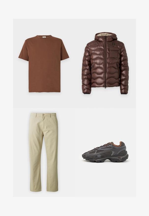 Brown puffer jacket with a hood, quilted design, and a front zipper. Features a chest pocket and side zip pockets with elastic cuffs.; Brown cotton T-shirt with a round neck and short sleeves. The fabric has a smooth texture and a regular fit design.; Beige cotton trousers with a straight-leg design, front button closure, and belt loops. Smooth texture, no visible patterns or accents.; Lacoste sneakers in dark gray with mesh and synthetic material, featuring a textured sole and brown accents on the collar and branding.