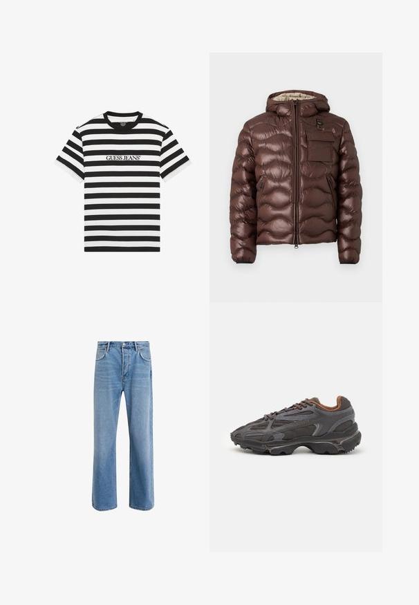 Hnedá pufovaná bunda s kapucňou, prešívaný dizajn a predný zips. Obsahuje vrecko na hrudi a bočné vrecká na zips s elastickými manžetami.; Čierno-biela pruhovaná tričko vyrobené z bavlny, s okrúhlym výstrihom a výšivkou loga "GUESS JEANS" na prednej strane.; Svetlo modré denimové džínsy so strihom rovného nohu, päť vreciek, zapínanie na gombík, minimálne vyblednutie a kontrastné švy.; Lacoste tenisky v tmavo sivej farbe z nylonu a syntetického materiálu, s textúrovanou podrážkou a hnedými akcentami na golieri a brandingu.