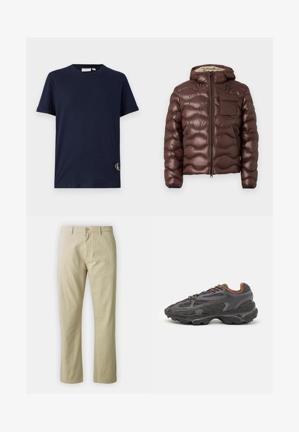 Jachetă puf cu glugă, de culoare maro, cu un design matlasat și fermoar frontal. Dispune de un buzunar pe piept și buzunare laterale cu fermoar, cu manșete elastice.; Tricou din bumbac bleu marin, cu mâneci scurte răsucite, decolteu rotund și un mic patch cu logo-ul CK la tiv. Textură netedă și croi lejer.; Pantaloni din bumbac bej cu un design drept, închidere frontală cu buton și curea. Textură netedă, fără modele sau accente vizibile.; Adidași Lacoste de culoare gri închis, din material mesh și sintetic, cu o talpă texturată și accente maronii pe guler și branding.