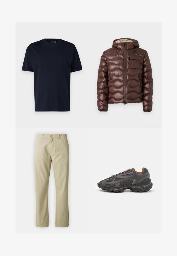 Rjava puhasta jakna s kapuco, prešita zasnova in sprednji zadrgo. Ima žep na prsih in stranske žepe z zadrgo ter elastične manšete.; Mornarško modra bombažna majica s kratkimi rokavi in okroglim izrezom, ki se ponaša z gladko teksturo in brez vidnih vzorcev ali logotipov.; Bež bombažne hlače s ravnim krojem, sprednjim gumbom in zankami za pas. Gladka tekstura, brez vidnih vzorcev ali akcentov.; Lacoste teniske v temno sivi barvi z mrežasto in sintetično prevleko, s teksturiranim podplatom in rjavimi detajli na ovratniku ter blagovni znamki.