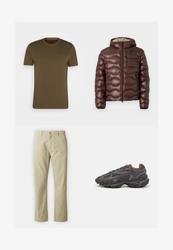 Brun pufferjakke med hette, quiltet design og glidelås foran. Har en brystlomme og sidetommer med glidelås samt elastiske mansjetter.; Oliven grønn kortermet t-skjorte laget av bomull med rund hals, med et lite firkantet logo-patch på brystet.; Beige bomullsbukser med rett ben-design, frontlukking med knapp og beltehemper. Jevn tekstur, ingen synlige mønstre eller detaljer.; Lacoste-sneakers i mørkegrått med mesh- og syntetisk materiale, med en teksturert såle og brune detaljer på kragen og merket.