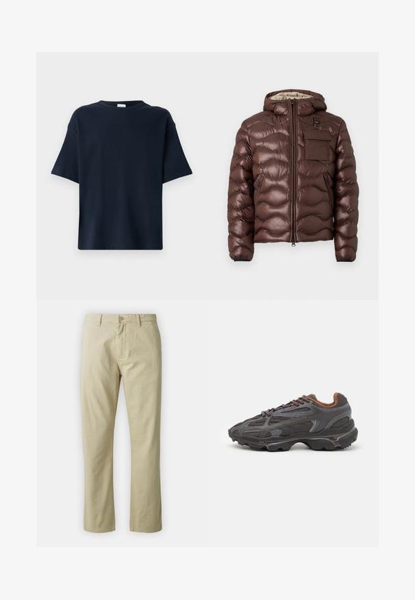 Brun pufferjakke med hette, quiltet design og glidelås foran. Har en brystlomme og sidetommer med glidelås samt elastiske mansjetter.; Mørkeblå t-skjorte med kort arm laget av glatt stoff, med rund hals og avslappet passform uten ytterligere detaljer eller mønstre.; Beige bomullsbukser med rett ben-design, frontlukking med knapp og beltehemper. Jevn tekstur, ingen synlige mønstre eller detaljer.; Lacoste-sneakers i mørkegrått med mesh- og syntetisk materiale, med en teksturert såle og brune detaljer på kragen og merket.