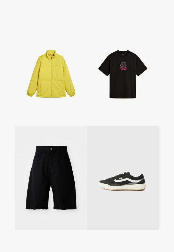 Geel pufferjack met een hoge kraag, ritssluiting aan de voorkant, elastische manchetten en zijzakken; voorzien van een gestikte ontwerp voor isolatie.; Zwarte katoenen t-shirt met een vooraanstaand grafisch ontwerp van een stekelige cartoonfiguur en het woord "VANS" in roze schrift. Korte mouwen.; Zwarte katoenen shorts hebben een ontspannen pasvorm, twee zijzakken, een knoopsluiting en schone randen, geschikt voor casual kleding.; Zwarte sneakers met witte accenten, voorzien van een gladde synthetische bovenkant, ronde vorm en een rubberen zool, gecombineerd met lichtbeige broek.