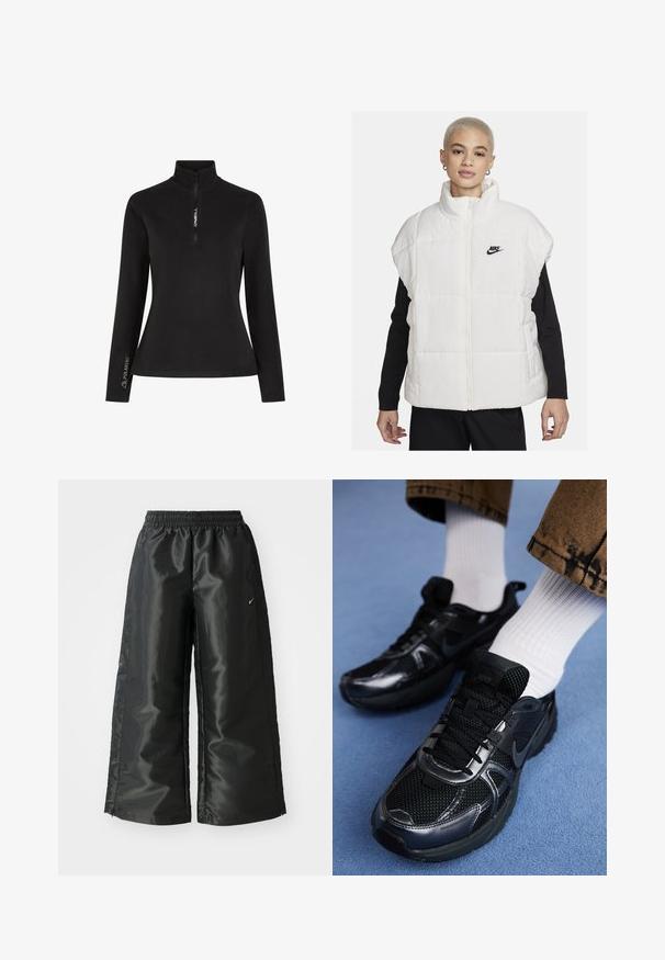 Gilet imbottito bianco con collo alto, chiusura a cerniera e logo Nike nero sul petto a sinistra. Presenta una texture trapuntata e un design senza maniche.; Pullover nero a maniche lunghe con colletto a mezza zip. Presenta il logo "ONEILL" sul davanti e il marchio "POLARTEC" sulla manica, realizzato in tessuto morbido.; Pantaloni sportivi neri con un tessuto lucido e morbido, dotati di una vita elasticizzata, gambe larghe e un piccolo logo sul lato sinistro.; Scarpe da ginnastica Nike nere con materiale in mesh e sintetico, caratterizzate da una tomaia strutturata, lacci neri e suole in gomma resistenti. Calzini bianchi a coste visibili.