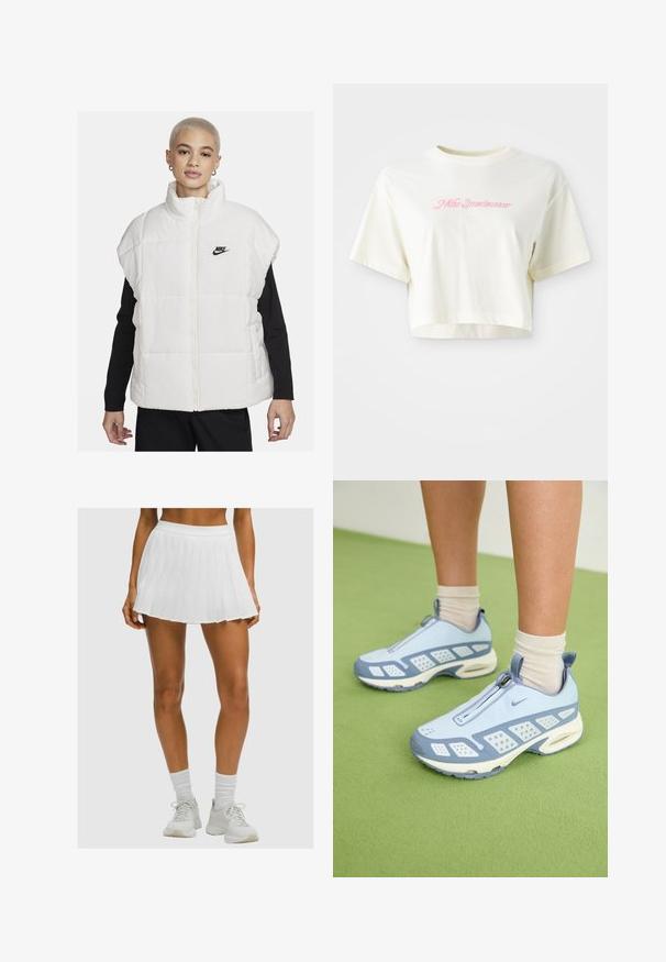 Vesta matlasată albă cu guler înalt, închidere cu fermoar și logo Nike negru pe partea stângă a pieptului. Are o textură matlasată și un design fără mâneci.; Tricou scurt, de culoare crem, realizat din bumbac. Prezintă un logo brodat roz care spune "Nike Sportswear". Are mâneci scurte și guler rotund.; Picioare bronzate purtând o fustă de tenis albă plisată, șosete albe până la glezne și adidași albi pe un fundal simplu.; Încălțăminte sport de culoare albastru deschis cu accente albe, panouri texturate și închidere cu fermoar. Are o talpă vizibilă cu pernuțe de aer și o talpă exterioară din cauciuc.