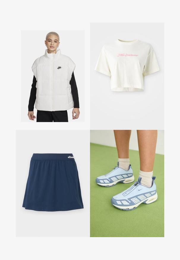 Bílá prošívaná vesta s vysokým límcem, zapínáním na zip a černým logem Nike na levé straně hrudi. Má prošívanou strukturu a bez rukávů.; Zkrácené tričko v krémové barvě vyrobené z bavlny. Má růžovou vyšívanou nášivku s nápisem "Nike Sportwear." Krátké rukávy a kulatý výstřih.; Námořnický modrý, měkký skort s elastickým pasem. Vyznačuje se nařaseným designem a malým logem na pasu.; Světlé modré sportovní boty s bílými akcenty, texturovanými panely a zipovým uzávěrem. Obsahují viditelnou vzduchovou výplň v podrážce a gumovou podešev.