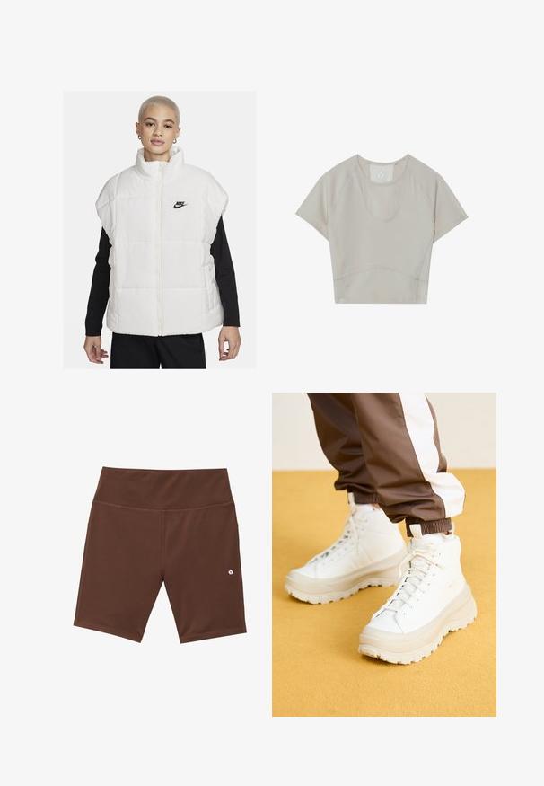 Vit vadderad väst med hög krage, dragkedja och svart Nike-logotyp på vänstra bröstet. Har en quiltad textur och är ärmlös.; Beige atletisk crop top med korta ärmar, rund hals och sömdetaljer. Tillverkad av lätt, stretchig tyg för komfort.; Bruna träningsshorts med hög midja, platta sömmar och en liten vit logotyp nertill till vänster. Gjorda av elastiskt, fukttransporterande material.; Vita högtoppsneakers med en kraftig, texturerad sula, som har en slät ovandel, rund tå och matchande snörning, placerade mot en gul bakgrund.