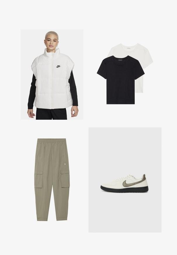 Doudoune sans manches blanche avec col montant, fermeture éclair, et logo Nike noir sur le côté gauche de la poitrine. Présente une texture matelassée et un design sans manches.; Deux T-shirts à manches courtes en noir et blanc. Fabriqués en coton doux, avec un col rond et une coupe standard, avec peu de détails de couture.; Pantalons cargo en tissu vert olive avec une ceinture élastique, des poches latérales et deux grandes poches cargo avant. Texture lisse et légère.; Nike Sportswear FIELD GENERAL - Baskets basses - off-white/black