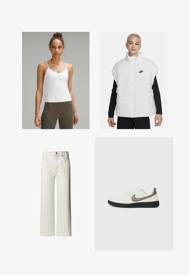 Witte puffer-vest met een hoge kraag, ritssluiting en zwart Nike-logo op de linkerborst. Heeft een doorgestikte textuur en een mouwloos ontwerp.; Witte cami-top met dunne bandjes, V-hals ontwerp, gladde textuur, aansluitende silhoeet, gecombineerd met hoogtaille olijfgroene leggings.; Lichtgekleurde broek met wijde pijpen en verticale strepen, gemaakt van katoen. Voorzien van een knoopsluiting en riemlussen.; Nike Sportswear FIELD GENERAL - Sneakers laag - off-white/black