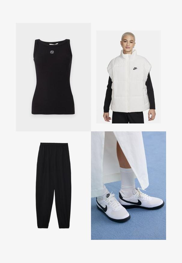 Biała pikowana kamizelka z wysokim kołnierzem, zamkiem błyskawicznym i czarnym logo Nike na lewej piersi. Posiada pikowaną teksturę i bezrękawnikowy krój.; Czarna, prążkowana koszulka bez rękawów z okrągłym dekoltem. Posiada wyszywane białe logo na piersi oraz brak dodatkowych wzorów czy tekstur.; Czarne, lekkie spodnie z elastycznym pasem i ściągaczami na kostkach. Materiał jest gładki i ma luźny, zwężany krój.; Białe sneakersy Nike z czarnymi akcentami, z górą z gładkiej skóry, białymi sznurowadłami i solidną gumową podeszwą, zestawione z białymi skarpetkami w prążki.
