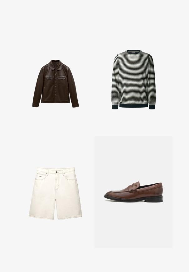 Smeđi kožni kaput s ovratnikom, prednjim zatvaranjem na gumbe, dva džepa na prsima i bočnim džepovima. Glatka tekstura i strukturirani dizajn.; Prugasti džemper dugih rukava u krem i mornarsko plavoj boji, okrugli ovratnik, s horizontalnim crtama, rebrastim manžetama i donjim rubom, mekan na dodir.; Bijele traper šortsice ravnog kroja, s pet džepova i vidljivim šavovima. Imaju prednje zatvaranje na dugme i mali logo brenda s strane.; Smeđe kožne mokasine s glatkom završnom obradom, zaobljenim vrhom i ukrasnim šavovima sprijeda. Crna gumena potplata.