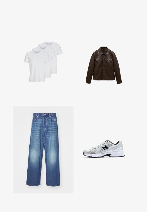 Ruskea nahkatakki, jossa on kauluksellinen kaula, etupainikekiinnitys, kaksi rintataskua ja sivutaskut. Tasainen rakenne ja jämäkkä muotoilu.; Kolme valkoista lyhythihaista V-päänauha T-paitaa, jotka on valmistettu puuvillasta. Niissä on yksinkertainen muotoilu, jossa on kontrastoiva kaula-aukko ja hienovarainen brändilogo sisäpuolella.; Siniset leveälahkeiset farkut, joissa on haalistunut pesu, viisi taskua ja nappisuljenta. Sileä pinta, jossa on hienovaraista haalistumista polvissa.; Hopeasävyiset urheilukengät, joissa on verkkokangas, mustia yksityiskohtia, reikäkuviointi ja pehmustettu valkoinen pohja. Varustettu erottuvalla 'N' logolla.