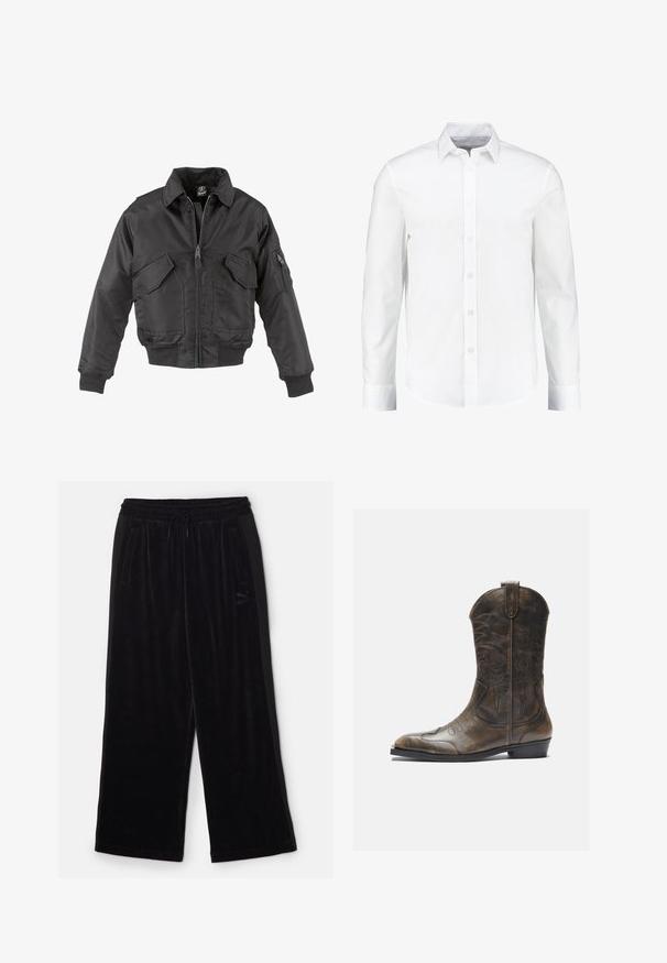 Juodas bomberis, pagamintas iš nailono, su užtrauktuku priekyje, dviem didelėmis krūtinės kišenėmis, įsiūtomis rankovėmis ir stovinčiu apykakle.; Balta ilgomis rankovėmis marškiniai, pagaminti iš lygaus medvilnės. Turi klasikinį apykaklę ir sagčių uždarymą su tiesia apačia.; Juodosiomis veliūro kelnėmis su plačiu laisvu siluetu. Oda su elastingu juosmeniu ir raišteliu, šoninėmis kišenėmis. Diskretiškas prekės ženklas ant kojos.; Rudos odinės kaubojų botai su aukšta ašimi, smailiu pirštu, sudėtingomis siuvimo raštais ir mažu kulnu. Tekstūruotas paviršius visame ilgyje.