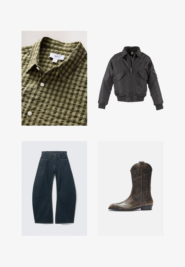Black bomber jacket made from nylon, featuring a zip front, two large chest pockets, ribbed cuffs, and a stand collar.; Green plaid short-sleeve shirt featuring a textured fabric, button-down front, and a white label with the brand name "NEXT."; Dark blue wide-leg jeans made from denim, featuring five pockets, visible stitching, a button closure, and a clean finish.; Brown leather cowboy boot with a tall shaft, pointed toe, intricate stitching patterns, and a small heel. Textured finish throughout.